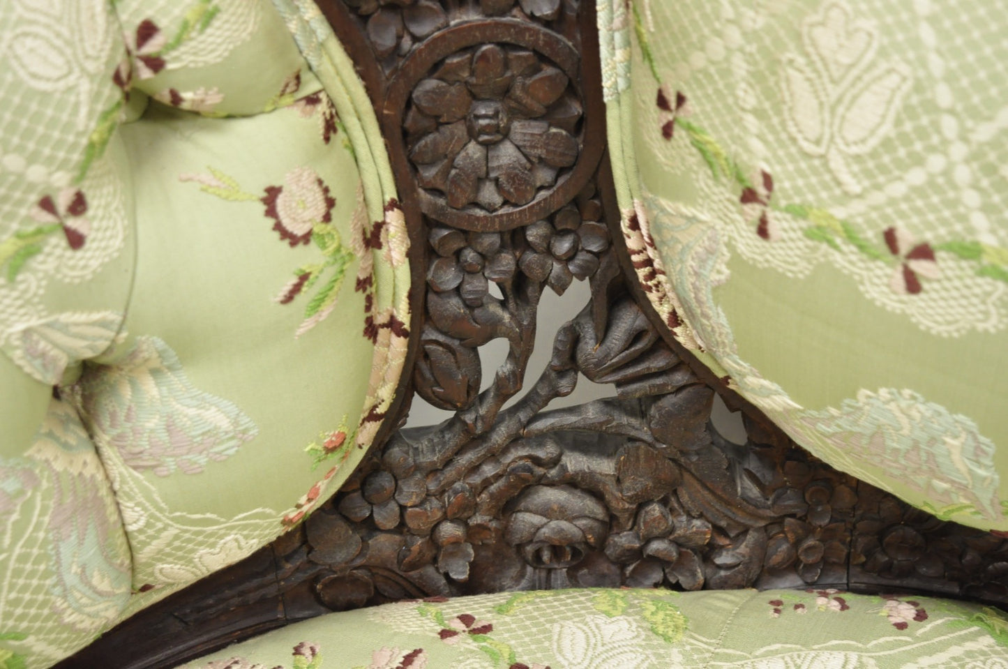 Antique Italian Renaissance Carved Walnut French Victorian Rams Head Green Sofa