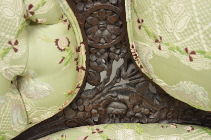 Antique Italian Renaissance Carved Walnut French Victorian Rams Head Green Sofa