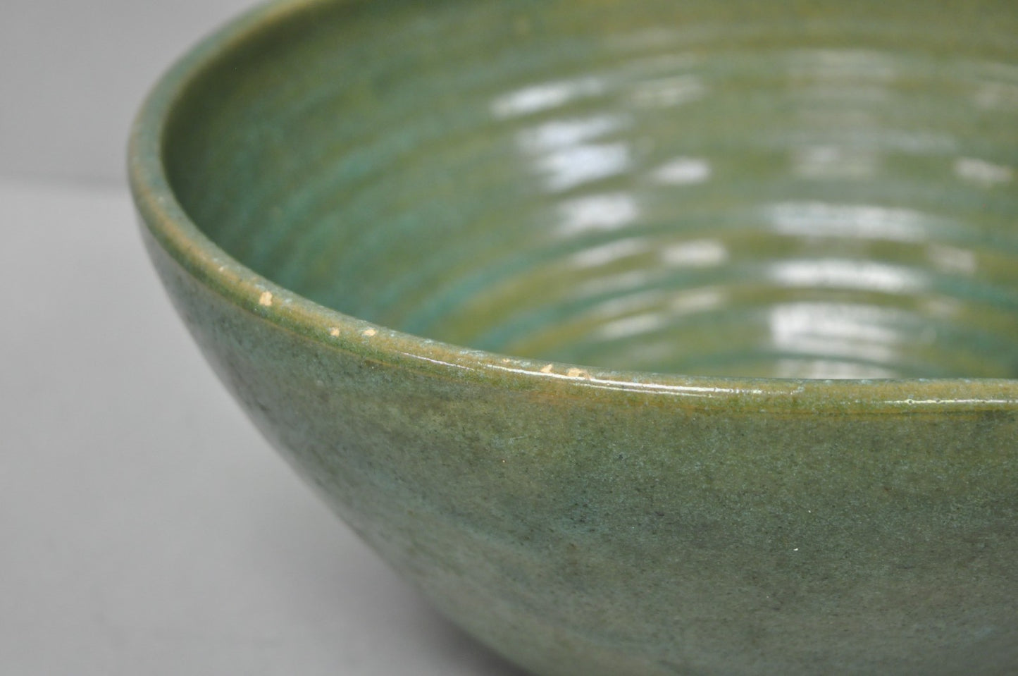 Vintage Primitive Green Glazed Ceramic Pottery Large Mixing Bowl w Handle