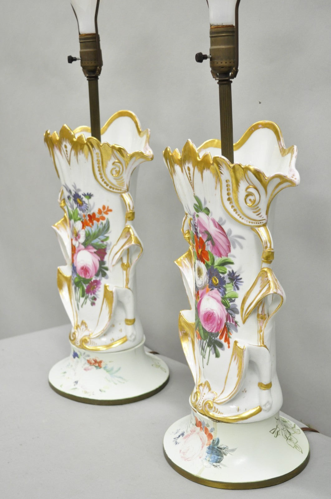 Antique Art Nouveau Austrian Porcelain Painted French Floral Table Lamps, a Pair