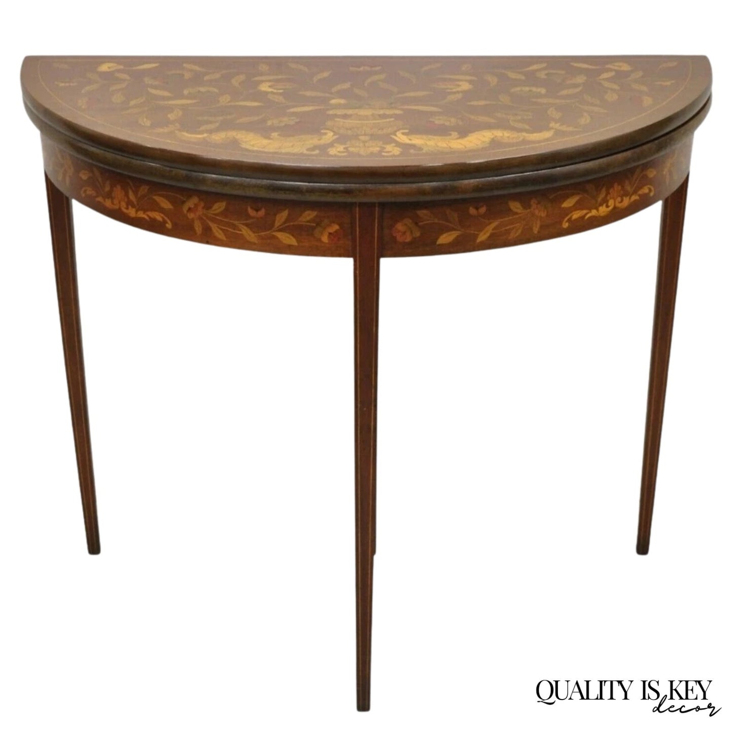 Antique Dutch Marquetry Inlay Flip Top Demilune Round Console Game Table