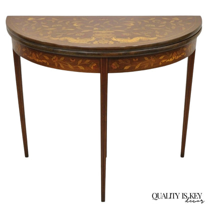 Antique Dutch Marquetry Inlay Flip Top Demilune Round Console Game Table