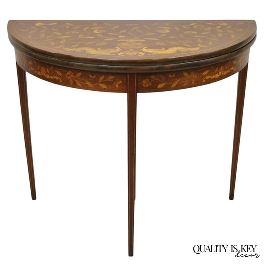 Antique Dutch Marquetry Inlay Flip Top Demilune Round Console Game Table