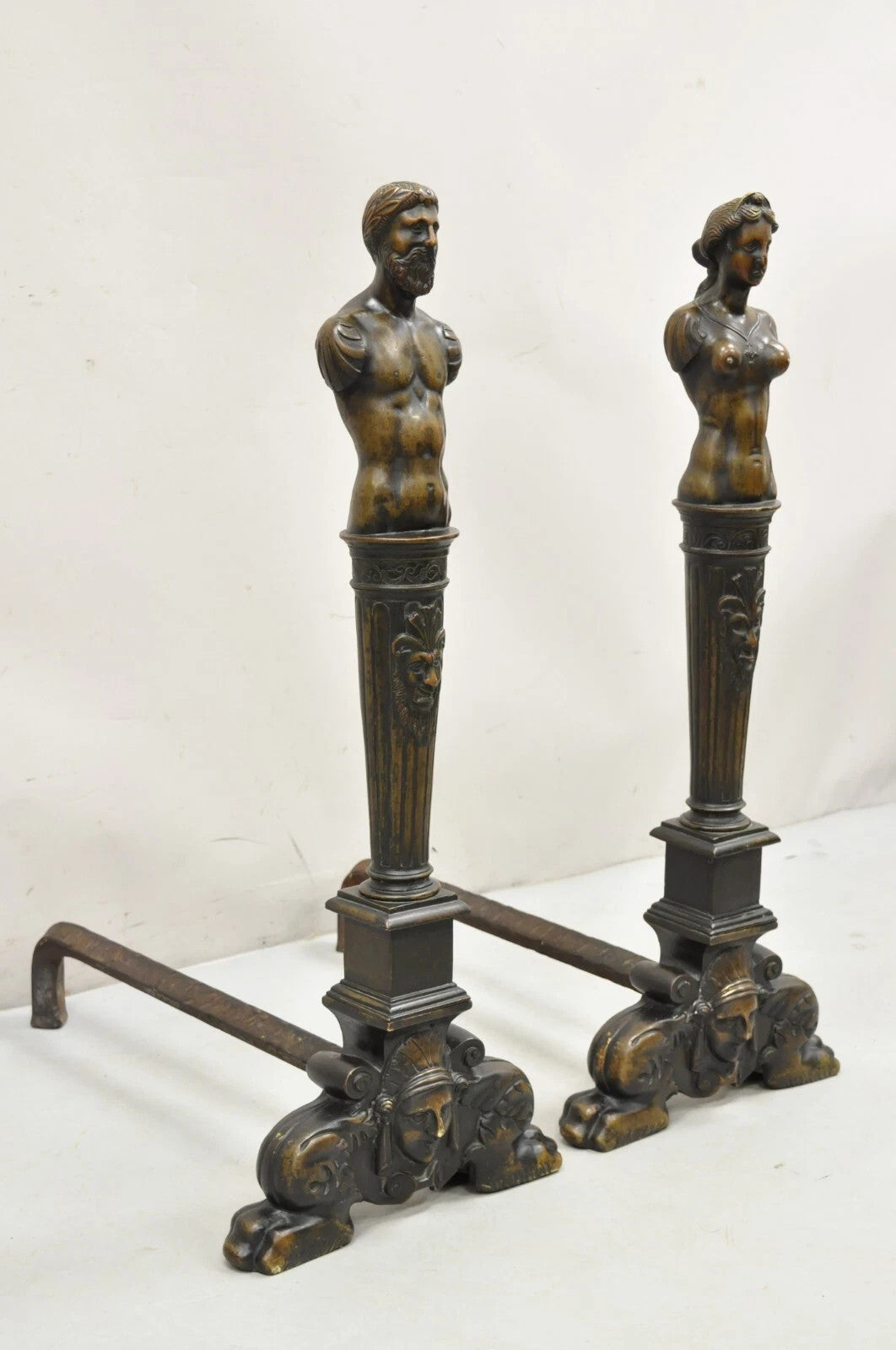 Antique French Renaissance Large Figural Bronze Man & Woman Bust Andirons - Pair