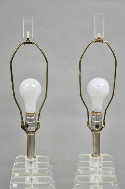 Vintage Mid Century Modern Stacked Lucite Skyscraper Table Lamps - a Pair