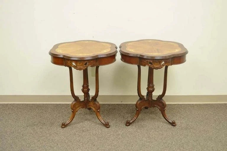 Antique French Louis XV Style Satinwood Floral Inlay Walnut Side Tables - a Pair