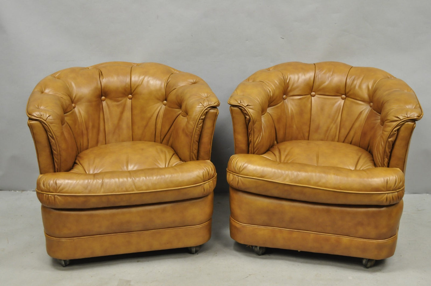 Vintage Classic Leather Chesterfield Brown Tufted Leather Barrel Club Chair Pair