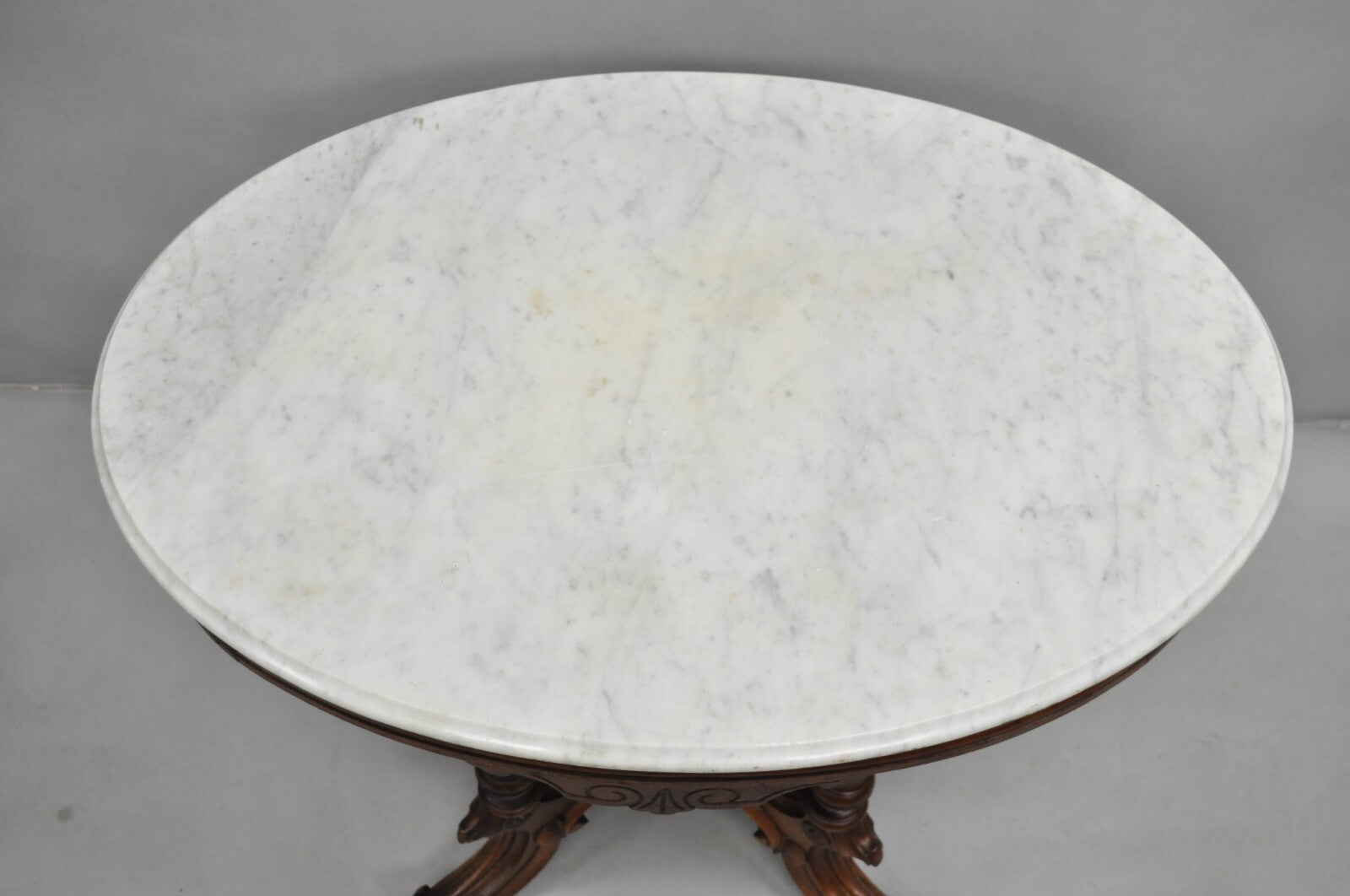 Antique Eastlake Victorian Carved Walnut Pedestal Base Marble Top Parlor Table