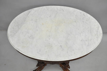 Antique Eastlake Victorian Carved Walnut Pedestal Base Marble Top Parlor Table