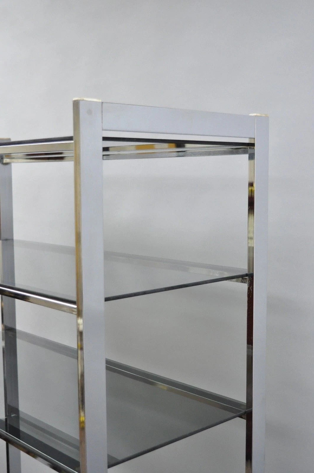 Mid Century Modern Baughman Style Chrome Smoked Glass Etagere Bookcase Shelf