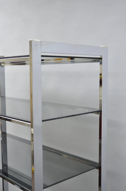 Mid Century Modern Baughman Style Chrome Smoked Glass Etagere Bookcase Shelf