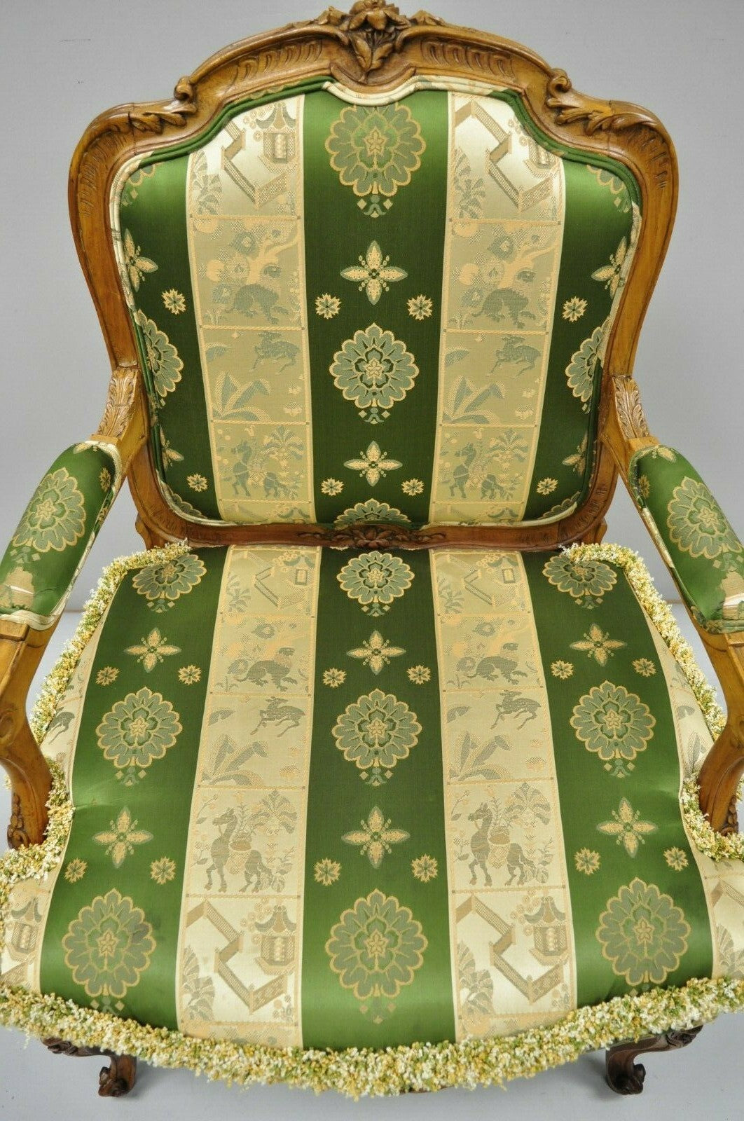 Antique French Louis XV Style Green & Gold Walnut Fauteuil Arm Chairs - a Pair