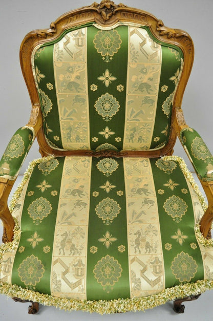 Antique French Louis XV Style Green & Gold Walnut Fauteuil Arm Chairs - a Pair