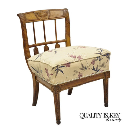 Antique Italian Neoclassical Style Carved Arrow Walnut Low Boudoir Slipper Chair