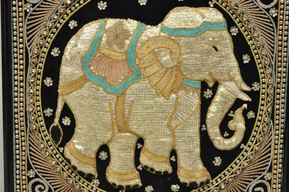 Framed Beaded Embroidered Elephant Padded Tapestry Indian Wall Art - a Pair