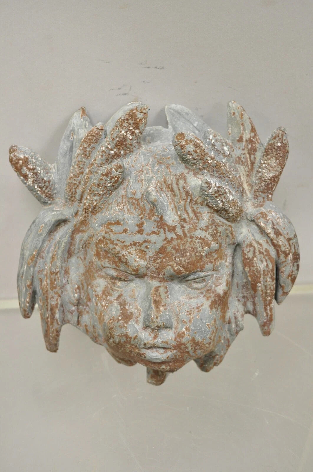 Antique French Neoclassical Small Lead Cherub Head Wall Fountain Garden Art