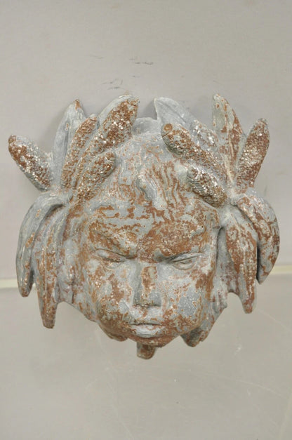Antique French Neoclassical Small Lead Cherub Head Wall Fountain Garden Art