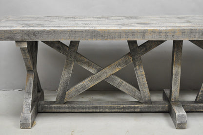 Primitive Rustic 72" Long Wooden Distressed Gray Wash Criss Cross Trestle Bench