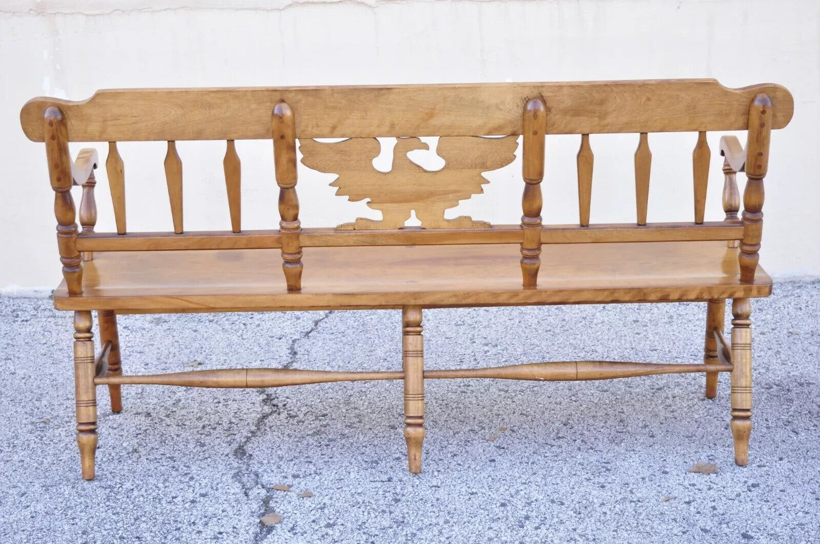 Vintage Cushman Maple Wood Carved Eagle Back Colonial Settee Deacons Bench
