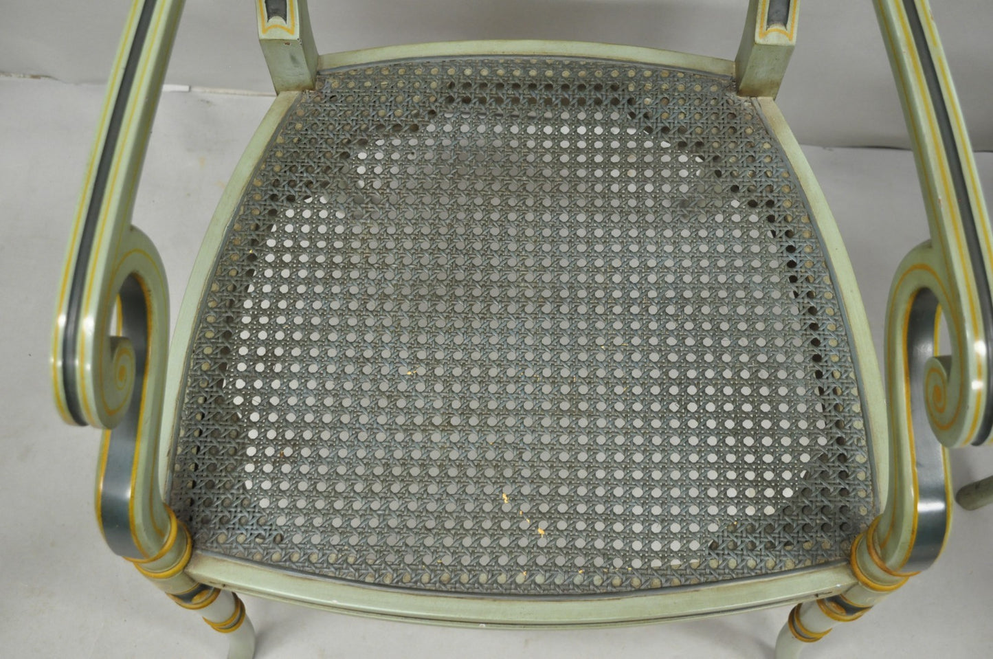 Smith & Watson Regency Adams Style Green Painted Cane Arm Chairs - a Pair