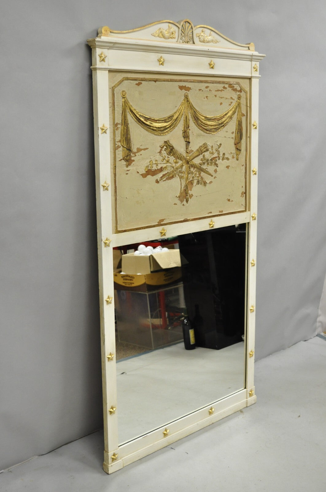 Antique Italian Neoclassical White Distress Painted Gold Gilt 72" Trumeau Mirror
