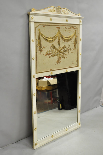 Antique Italian Neoclassical White Distress Painted Gold Gilt 72" Trumeau Mirror