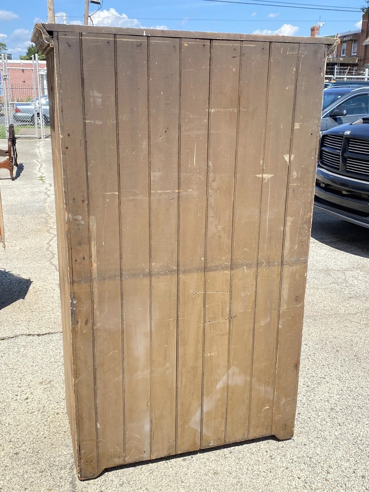 Antique French Country Farmhouse Beige Distressed Paint Kitchen Cupboard Cabinet