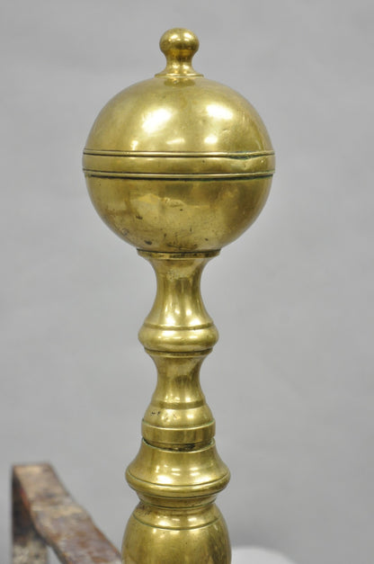 Antique English Colonial Brass Cannonball Branch Leg Andirons w/ Patina - a Pair
