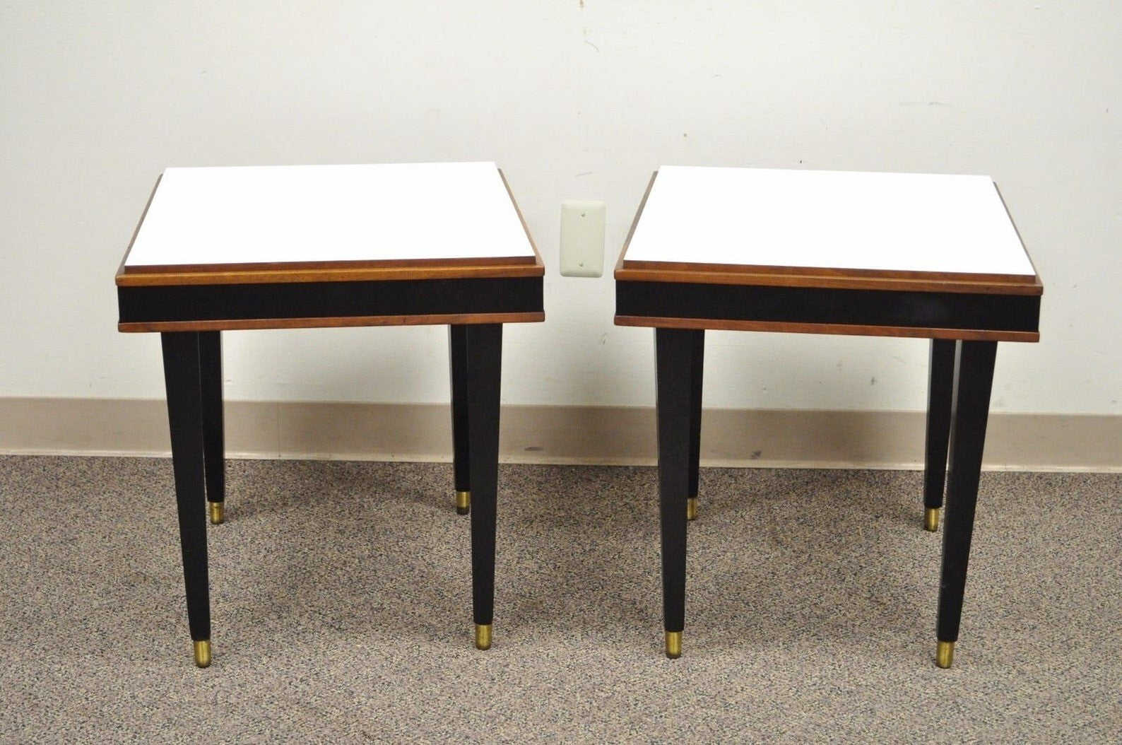 Vintage Mid Century Modern Black & White Rectangular Laminate End Tables - Pair