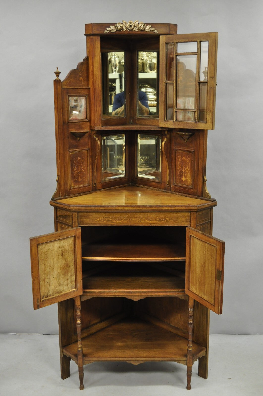 Antique French Victorian Inlaid Mahogany Corner China Cabinet Display Curio