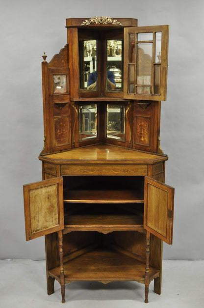 Antique French Victorian Inlaid Mahogany Corner China Cabinet Display Curio