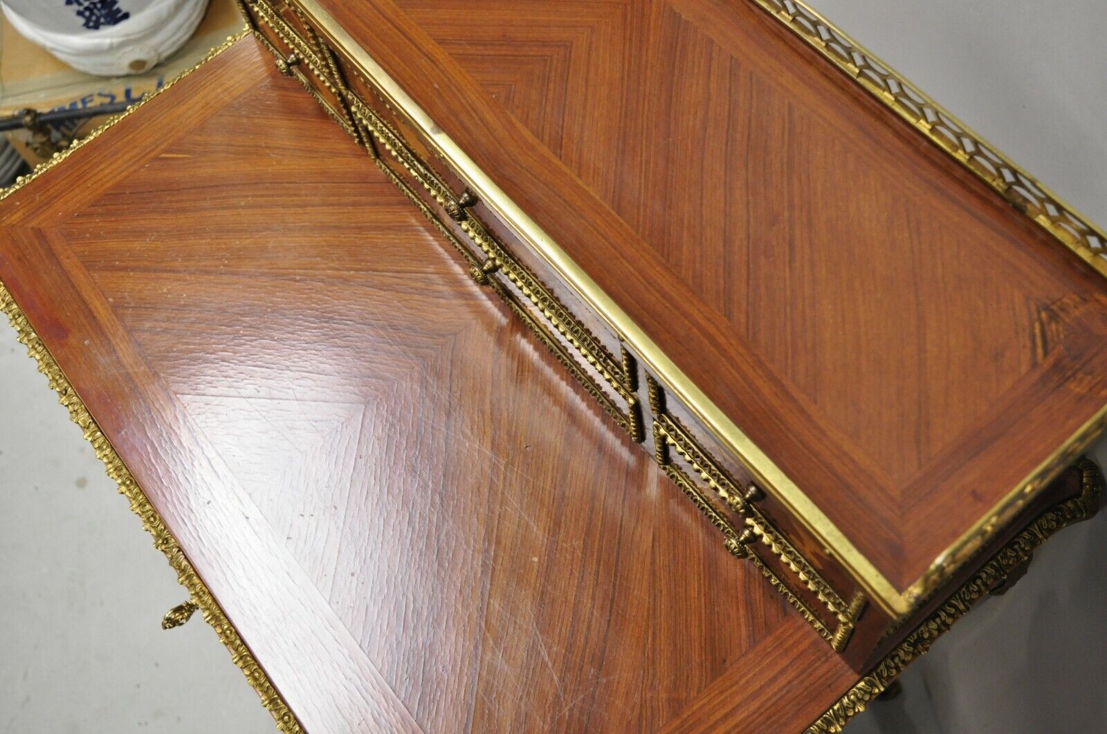 Vintage French Louis XV Style Marquetry Inlay Bronze Ormolu Small Writing Desk