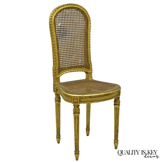 Antique French Louis XVI Style Gold Giltwood Cane Boudoir Vanity Side Chair