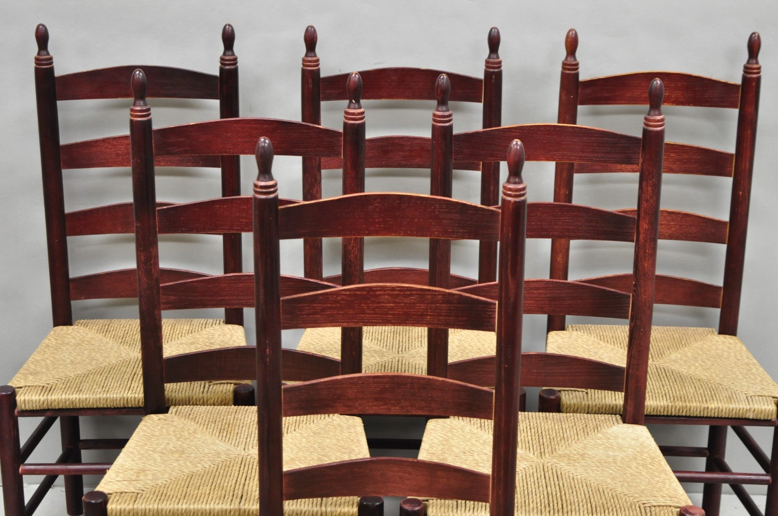 Primitive Rustic Ladder Back Woven Rush Seat Dining Side Chairs - Set of 6