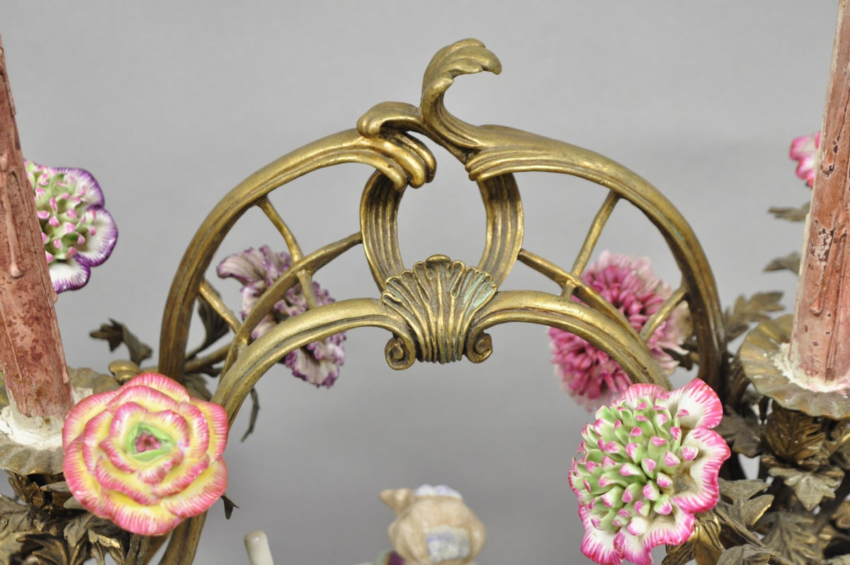 French Louis XV Repro Bronze & Porcelain Candelabra Lamps by United Wilson, Pair
