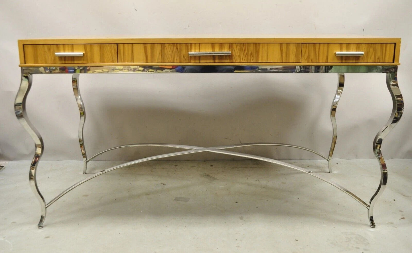 Century Furniture Modern Chrome and Zebra Wood Metal Base Desk Table 849-761