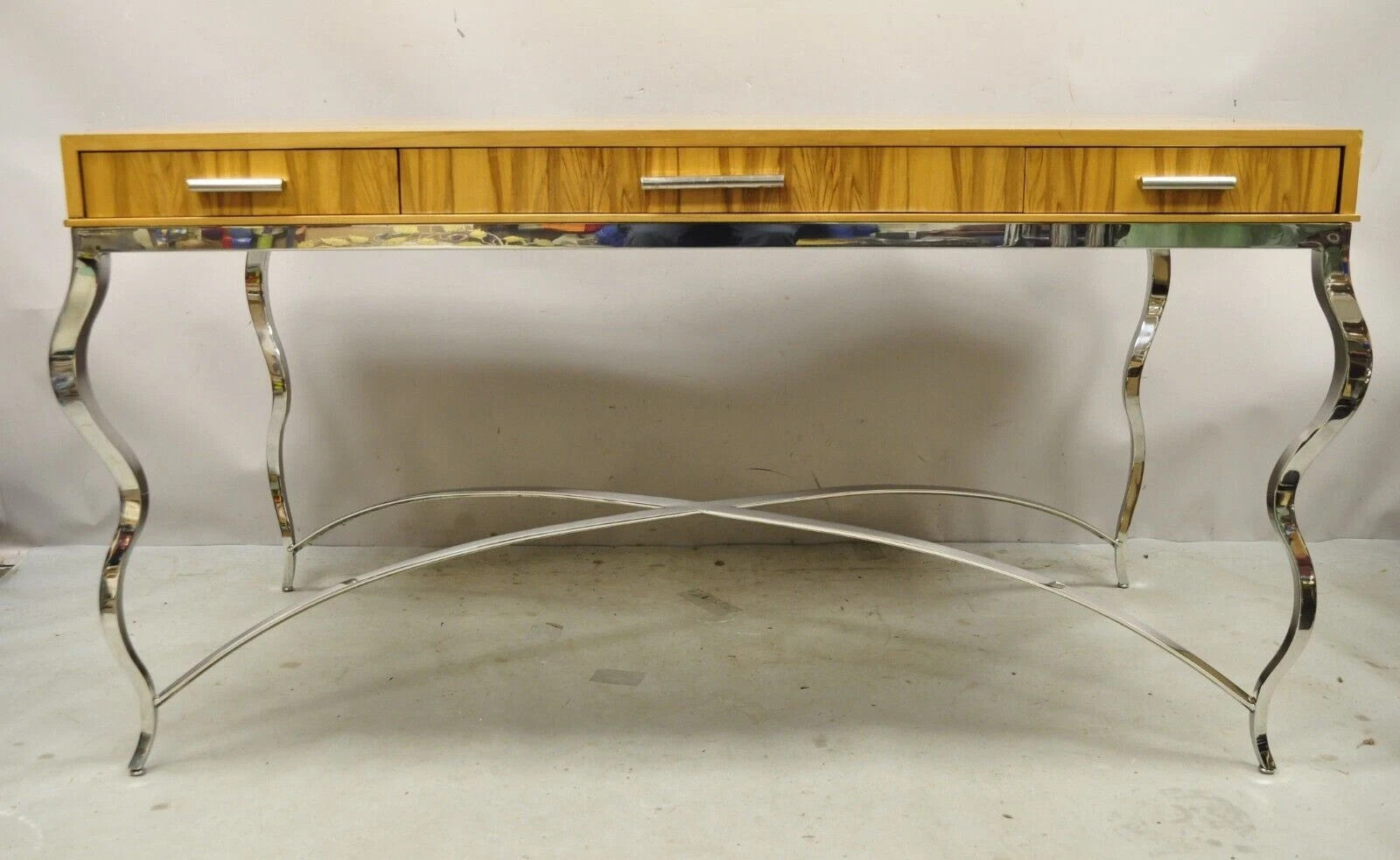 Century Furniture Modern Chrome and Zebra Wood Metal Base Desk Table 849-761