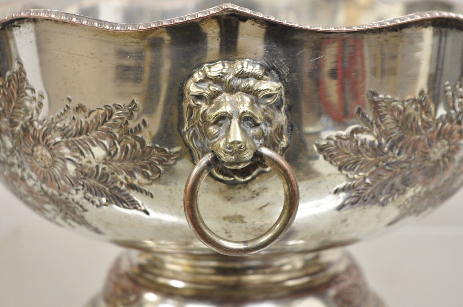 Antique English Regency Victorian Floral Repousse Lion Punch Bowl Ice Bucket