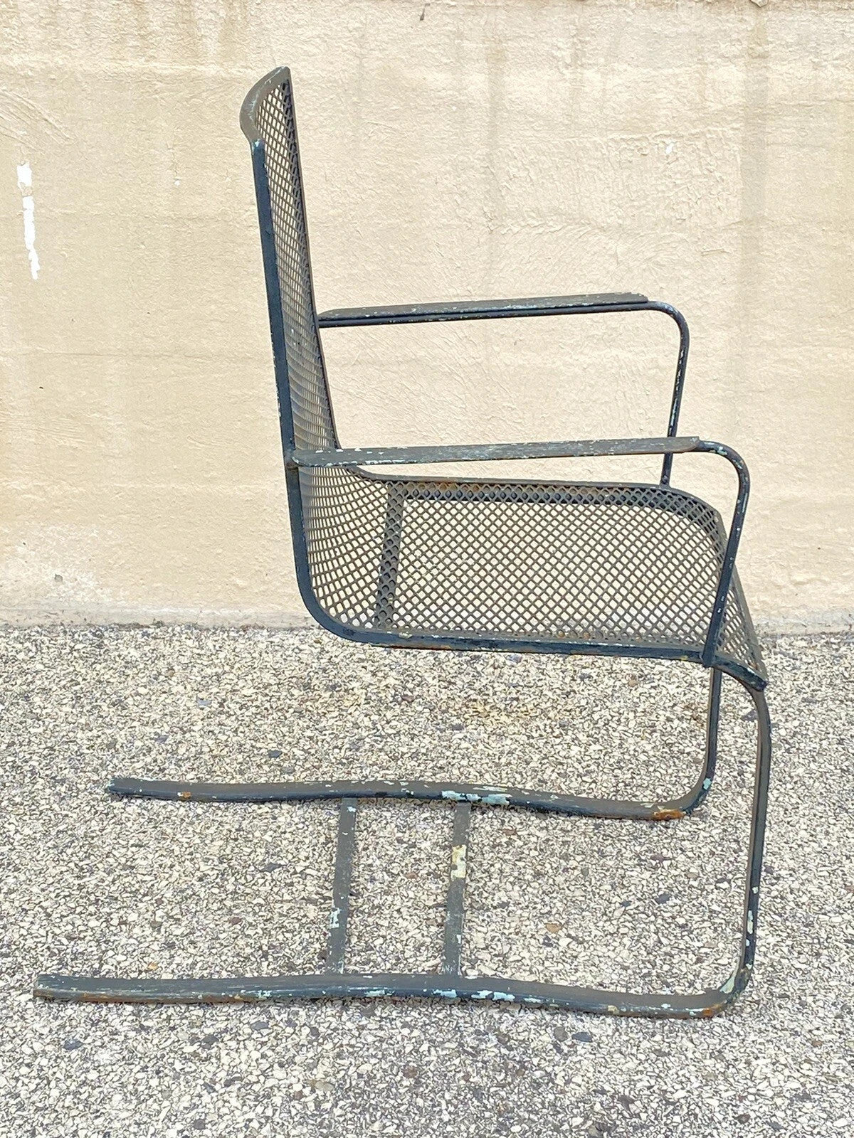 Vintage Mid Century Modern Wrought Iron Metal Mesh Spring Cantilever Patio Chair