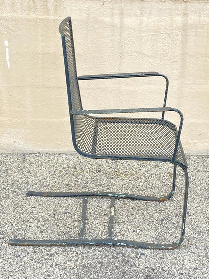 Vintage Mid Century Modern Wrought Iron Metal Mesh Spring Cantilever Patio Chair