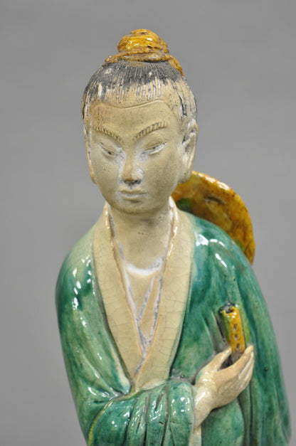 Antique Chinese Green Sancai Glazed Pottery 21" Guanyin Sculpture Figure