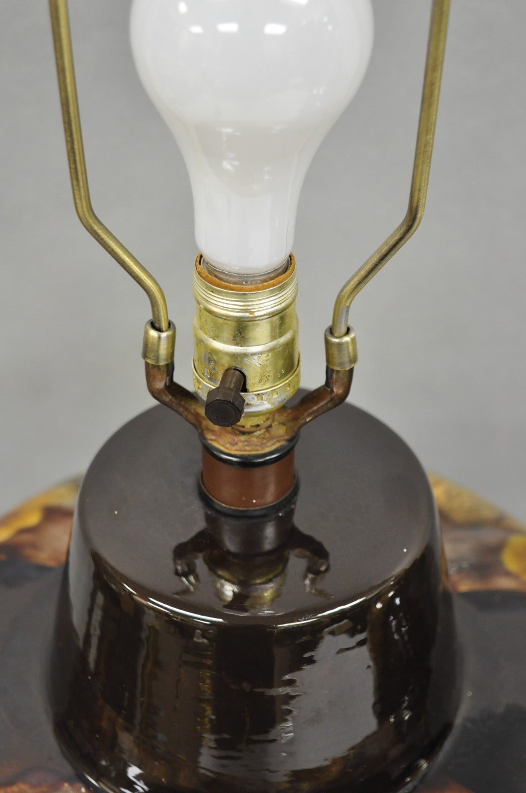 Mid Century Modern Sunset Cosco Ram Brown Drip Glaze Pottery Table Lamps Pair B