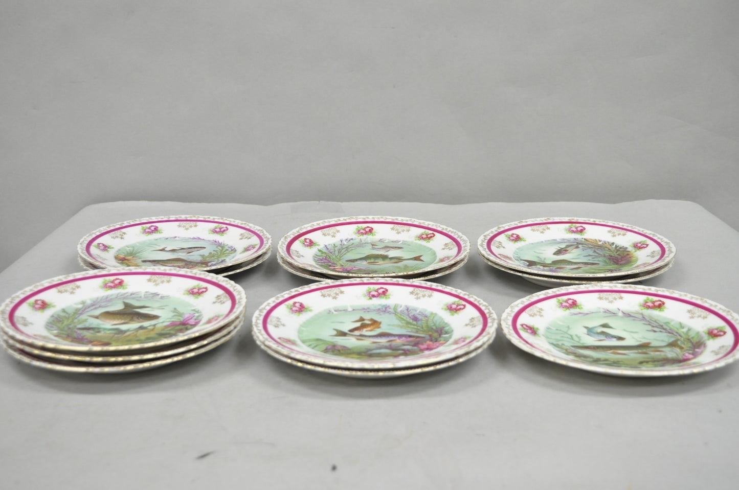 (12) Victoria Carlsbad Austria 8 3/8" Porcelain Fish Plates & Gravy Sauce Boat