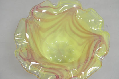Vintage Murano Italy Hand Blown Glass Yellow Swirl Handkerchief Vase Bowl