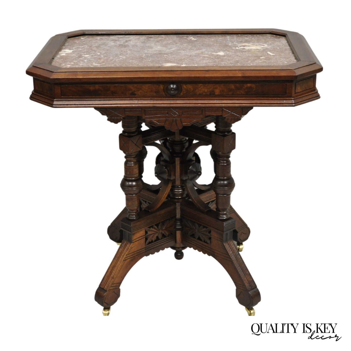 Antique Aesthetic Movement Victorian Carved Walnut Marble Top Parlor Side Table