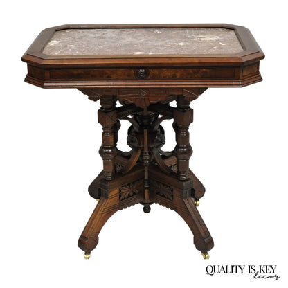 Antique Aesthetic Movement Victorian Carved Walnut Marble Top Parlor Side Table