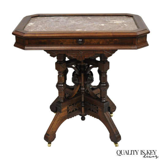 Antique Aesthetic Movement Victorian Carved Walnut Marble Top Parlor Side Table
