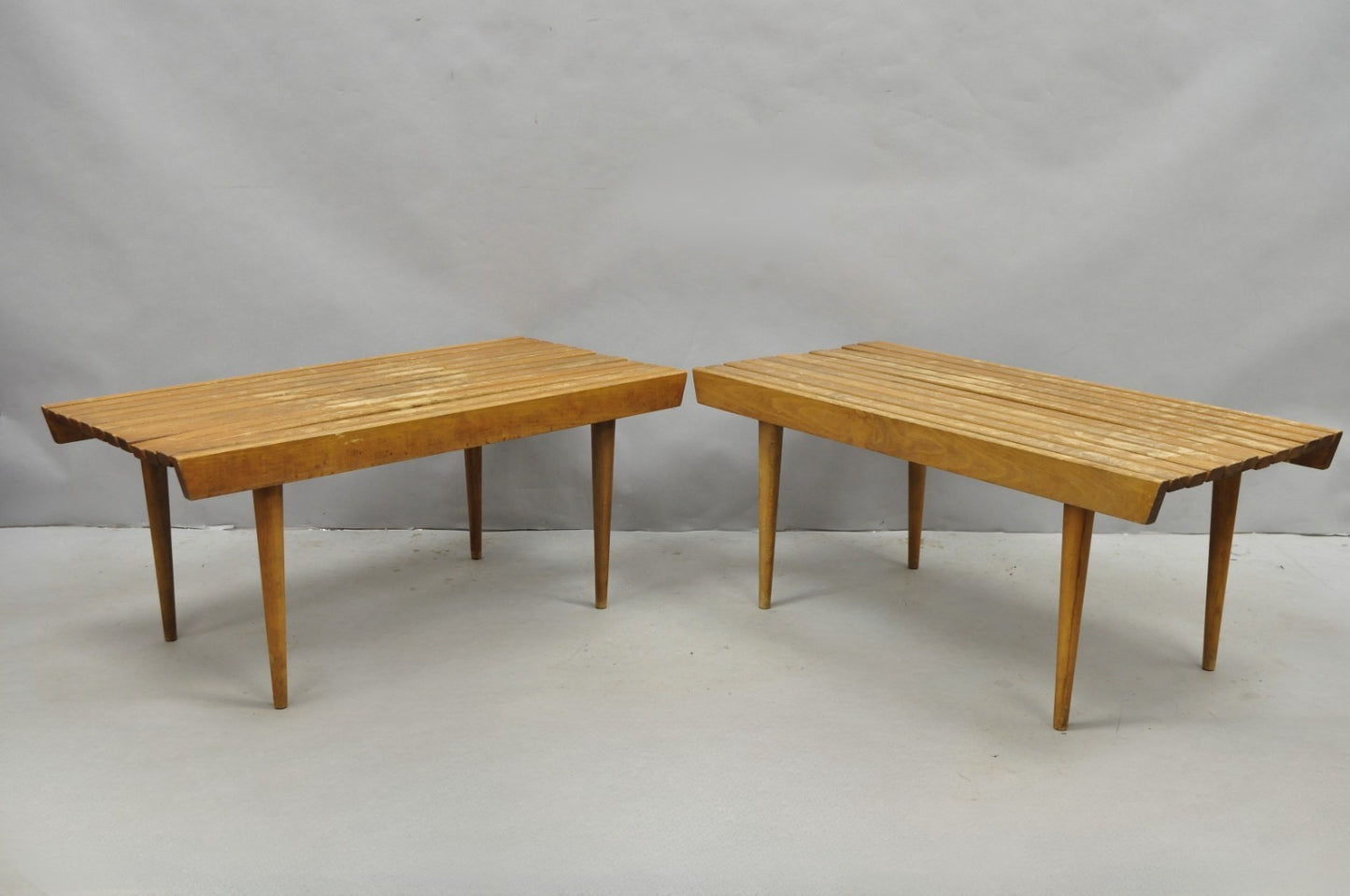 Vintage Mid Century Modern 36" Wood Slat Bench Coffee Table Side Table - a Pair