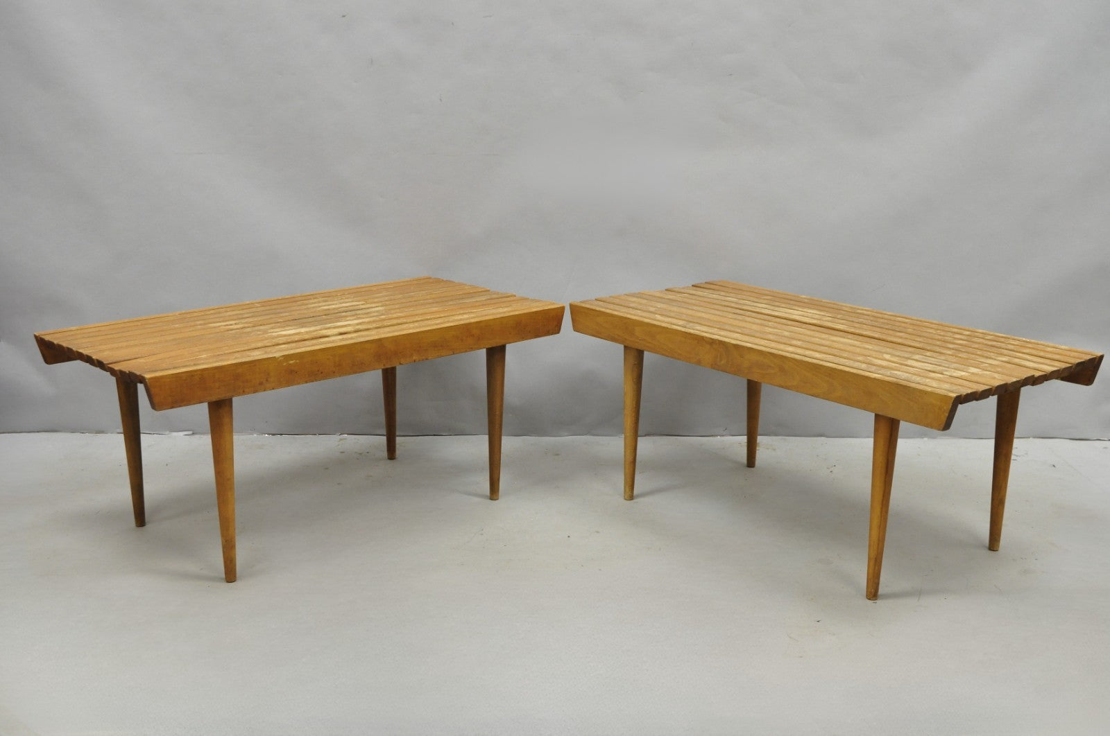 Vintage Mid Century Modern 36" Wood Slat Bench Coffee Table Side Table - a Pair