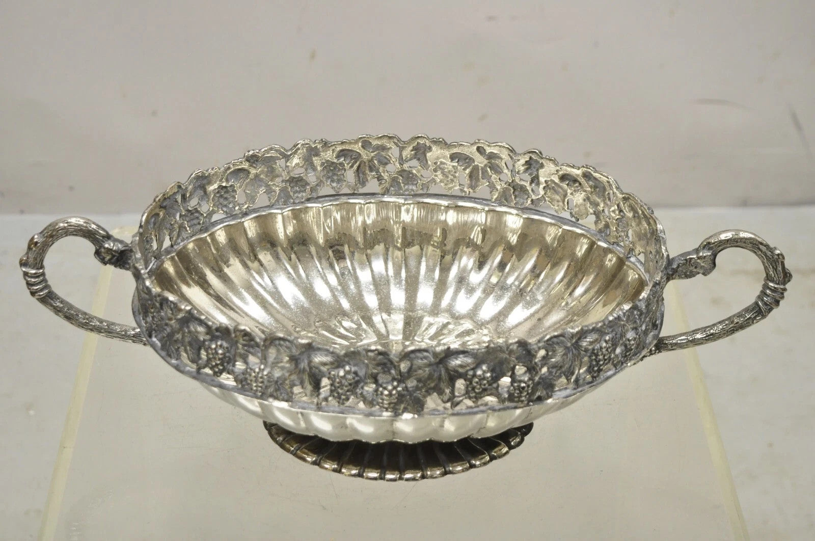 Antique Victorian Silver Plate Grapevine Oval Twin Handle Centerpiece Fruit Bowl